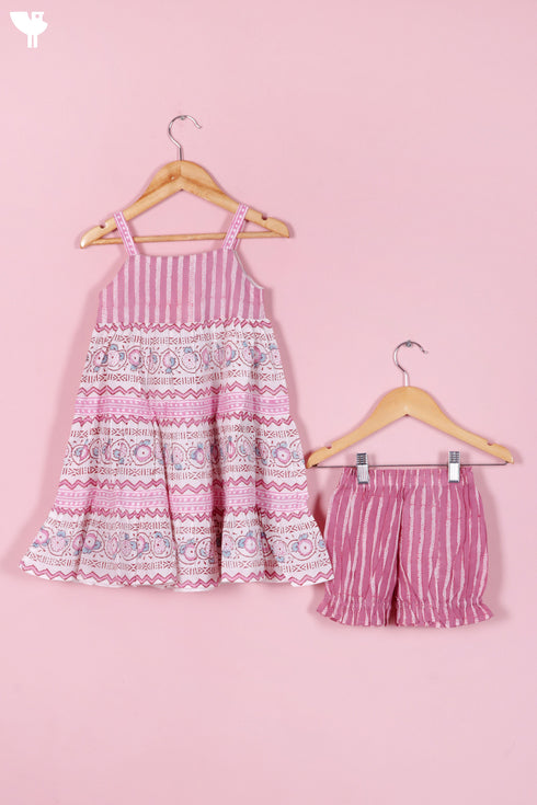 Cotton Frock & Shorts Set In Block Print