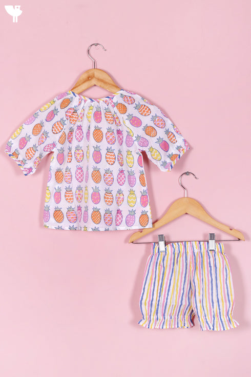 Slub Cotton Top & Shorts Set In Block Print