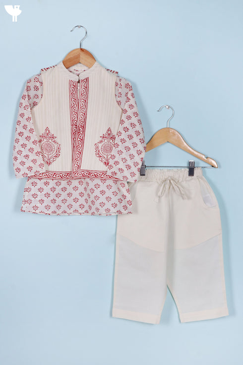 Cotton Boys Kurta Pajama Set With Vest In Block Print