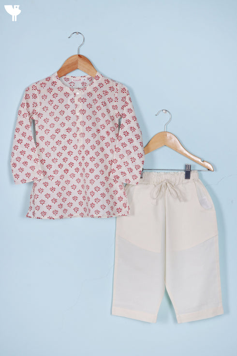 Cotton Boys Kurta Pajama Set With Vest In Block Print