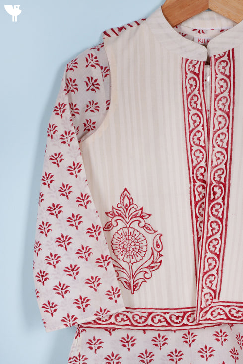 Cotton Boys Kurta Pajama Set With Vest In Block Print