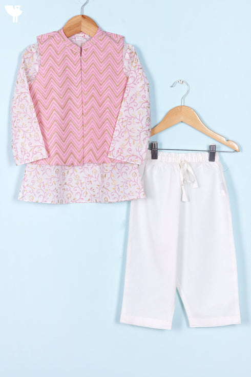 Cotton Boys Kurta Pajama Set With Vest In Block Print