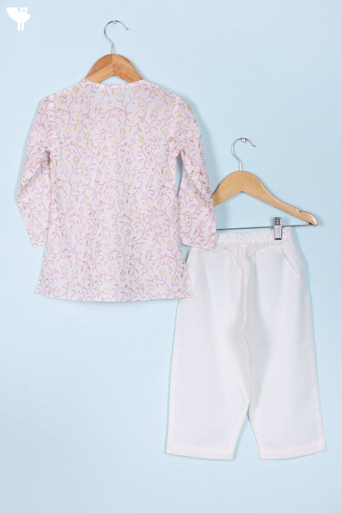 Cotton Boys Kurta Pajama Set With Vest In Block Print