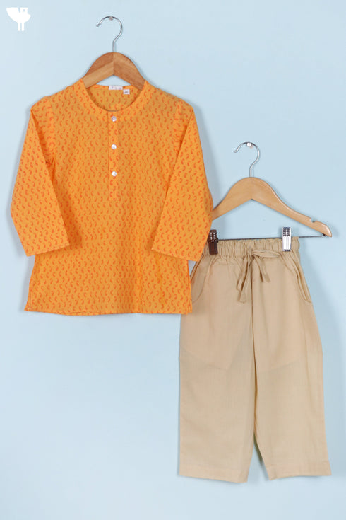 Cambric Cotton Orange Kurta Pajama Set With Vest