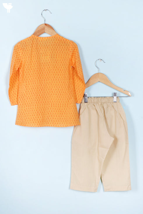 Cambric Cotton Orange Kurta Pajama Set With Vest
