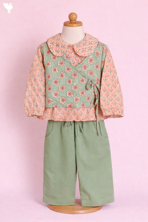 Cambric Cotton Peach–Sage Co-Ord Set with Jacket In Block Print