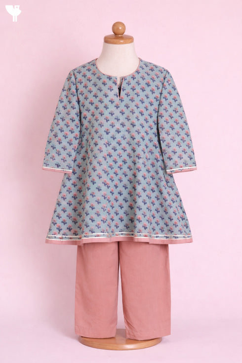Cambric Cotton Mint Floral Kurta and Peach Pant Set In Block Print