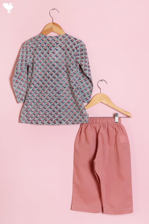 Cambric Cotton Sage–Peach Boys Kurta and Pant Set In Block Print