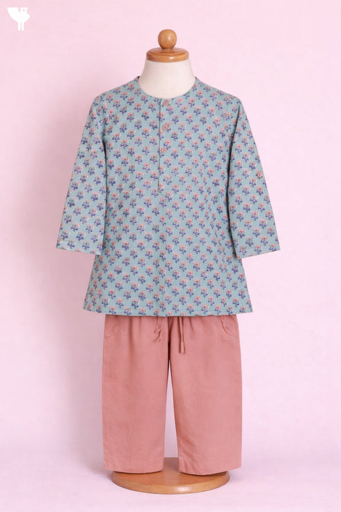 Cambric Cotton Sage–Peach Boys Kurta and Pant Set In Block Print