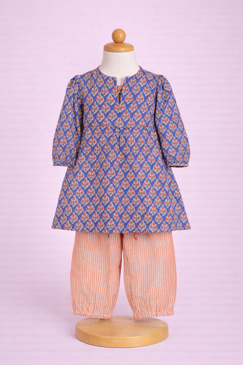Cambric Cotton Royal Blue Peach Girls Kurta and Pant Set