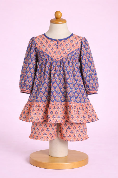 Cambric Cotton Orange Peach Blue Girls Top and Short Set