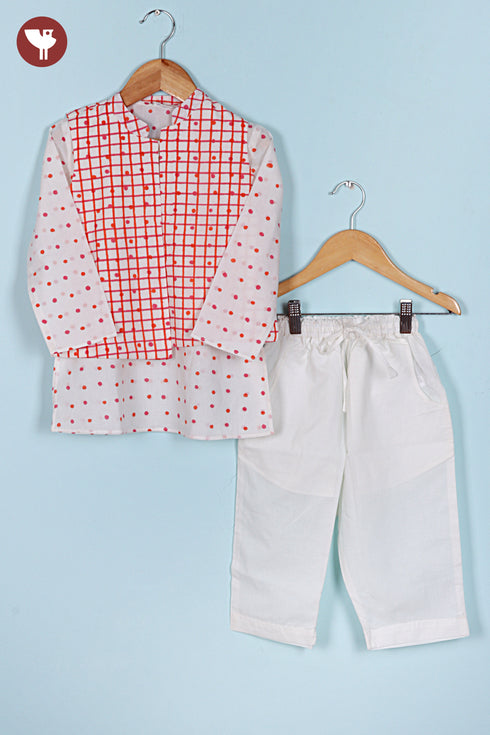 100% Cambric Cotton White Boys Kurta Pyjama Set with Vest in Block Print