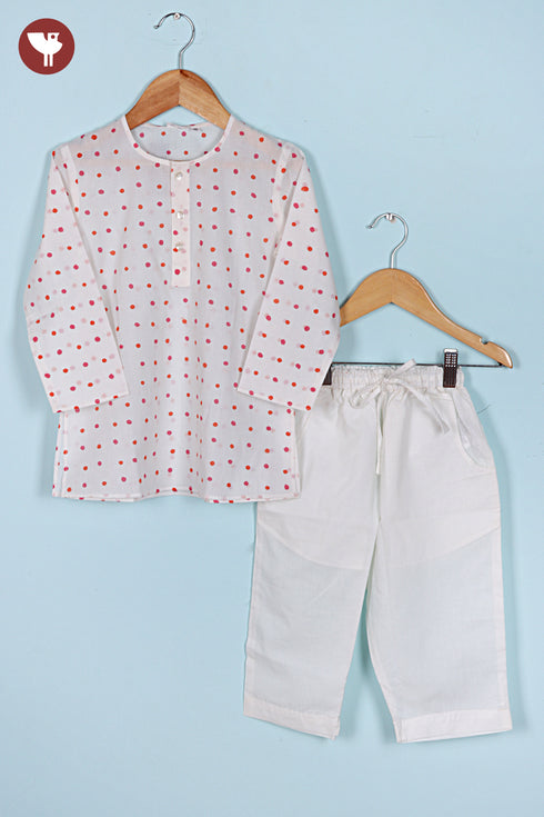 100% Cambric Cotton White Boys Kurta Pyjama Set with Vest in Block Print