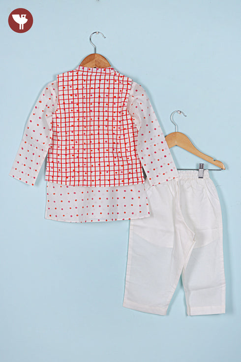 100% Cambric Cotton White Boys Kurta Pyjama Set with Vest in Block Print