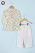 100% Cambric Cotton White Boys Kurta Pyjama Set in Floral Block Print