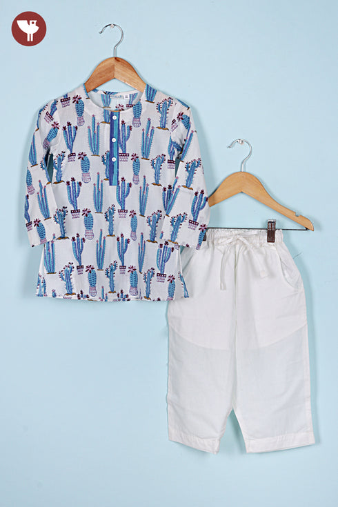 100% Cambric Cotton White Boys Kurta Pyjama Set in Block Print
