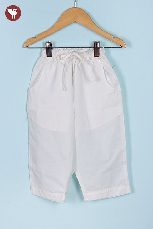 100% Cambric Cotton White Boys Kurta Pyjama Set in Block Print