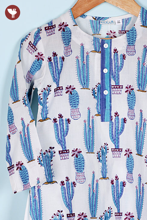 100% Cambric Cotton White Boys Kurta Pyjama Set in Block Print