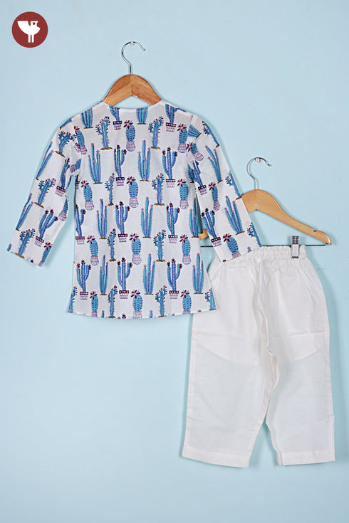 100% Cambric Cotton White Boys Kurta Pyjama Set in Block Print