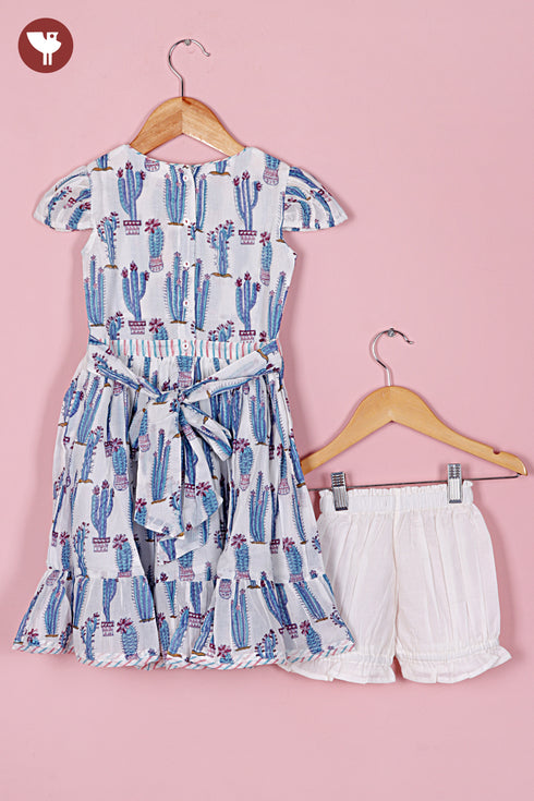 MulMul Cotton White Girls Dress & Short Set in Floral Block Print