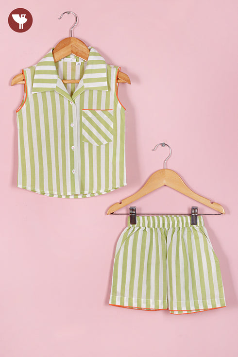 Cambric Cotton Girls Top & Short Set in Stripe Block Print