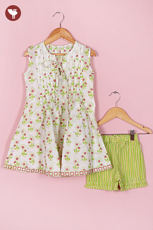 100% Cambric Cotton White Girls Top & Short Set in Floral Block Print