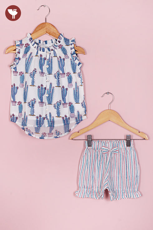 MulMul Cotton Girls Top & Short Set in Block Print