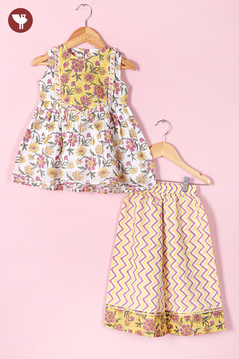 Mul Mul Cotton White & Yellow Girls Sharara Set