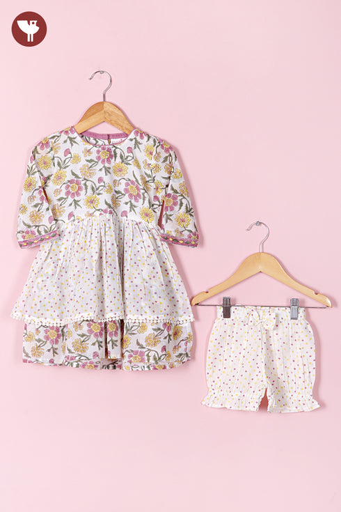 Mul Mul Cotton Girls Dress & Short Set in Floral Block Print