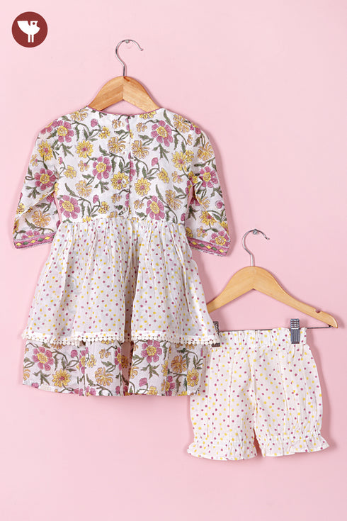 Mul Mul Cotton Girls Dress & Short Set in Floral Block Print