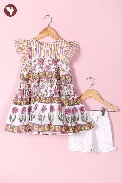 Mul Mul Cotton Girls Dress & Short Set in Floral Block Print
