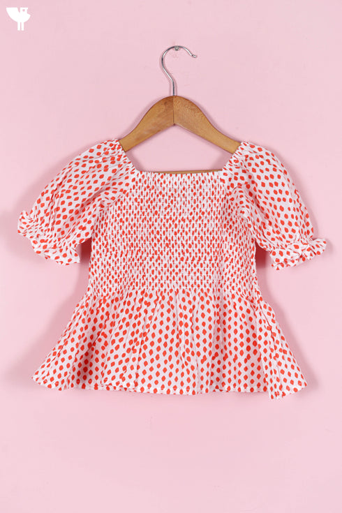 Cambric Cotton Shirred Top In Floral Block Print