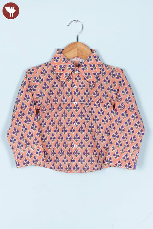 Cambric Cotton Peach Boys Shirt In Floral Block Print