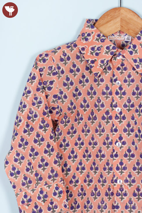 Cambric Cotton Peach Boys Shirt In Floral Block Print