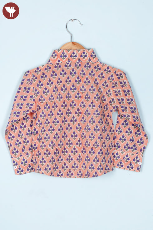 Cambric Cotton Peach Boys Shirt In Floral Block Print