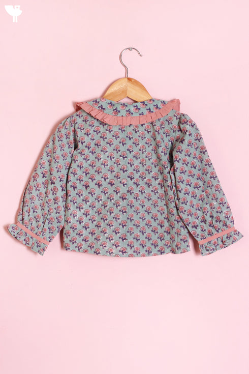 Cambric Cotton Soft Mint Girls Top In Block Print