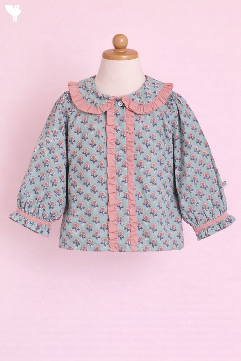 Cambric Cotton Soft Mint Girls Top In Block Print
