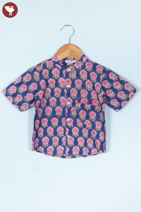 Cambric Cotton Navy Blue Boys Short Sleeve Shirt In Floral Block Print