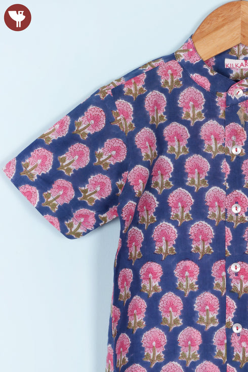 Cambric Cotton Navy Blue Boys Short Sleeve Shirt In Floral Block Print