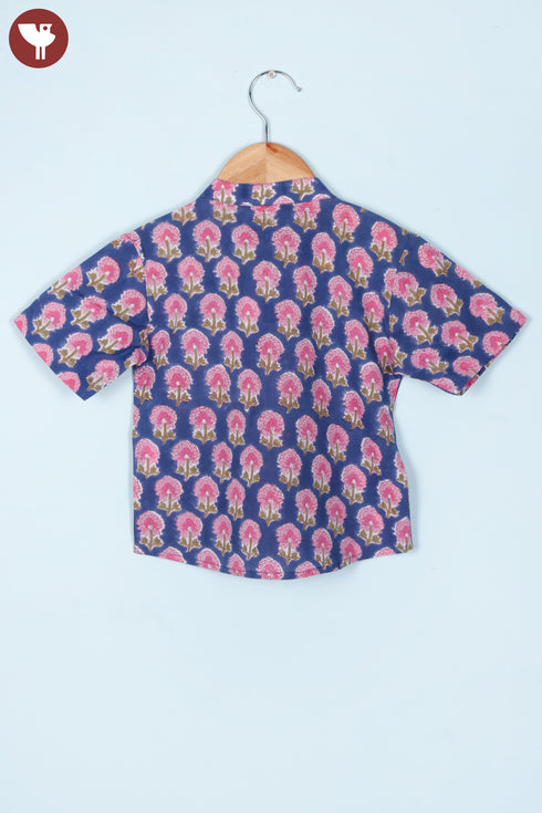 Cambric Cotton Navy Blue Boys Short Sleeve Shirt In Floral Block Print