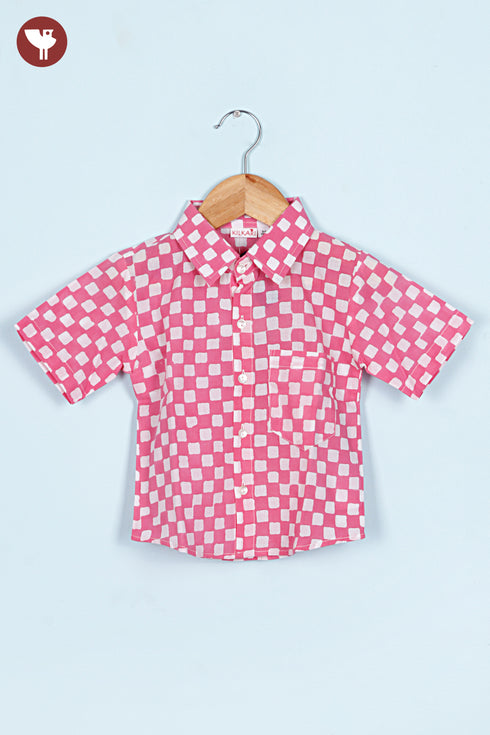 Cambric Cotton Boys Short Sleeve Shirt in Floral Block Print