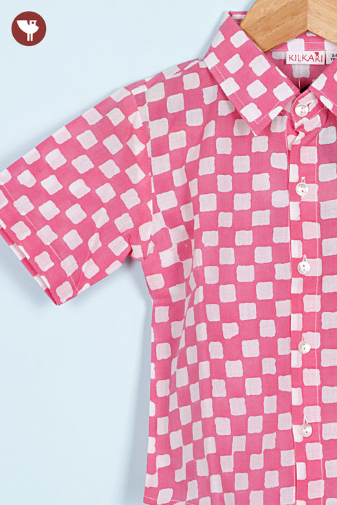Cambric Cotton Boys Short Sleeve Shirt in Floral Block Print