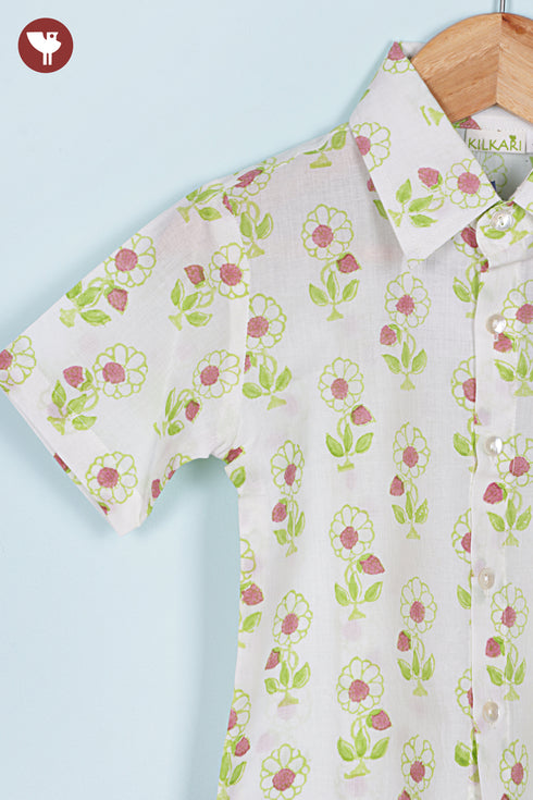 Cambric Cotton Boys Short Sleeve Shirt in Floral Block Print