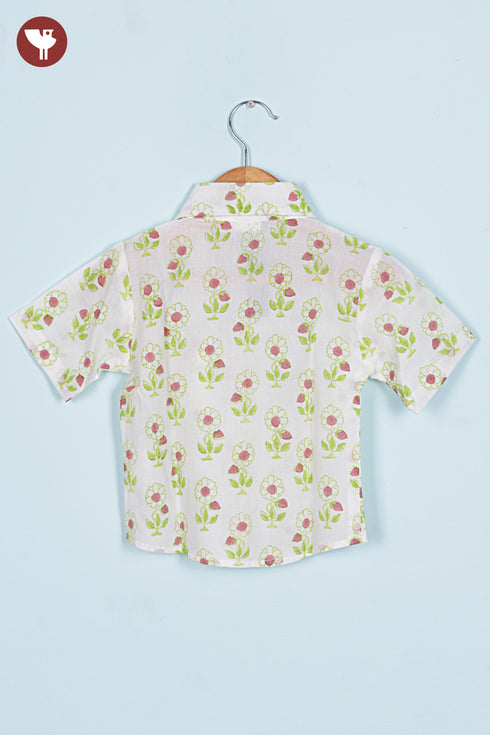 Cambric Cotton Boys Short Sleeve Shirt in Floral Block Print