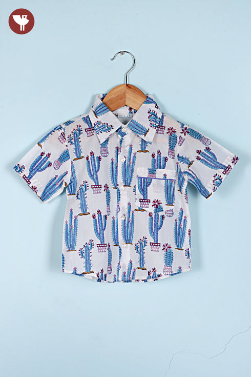 Cambric Cotton Boys Short Sleeve Shirt in Floral Block Print