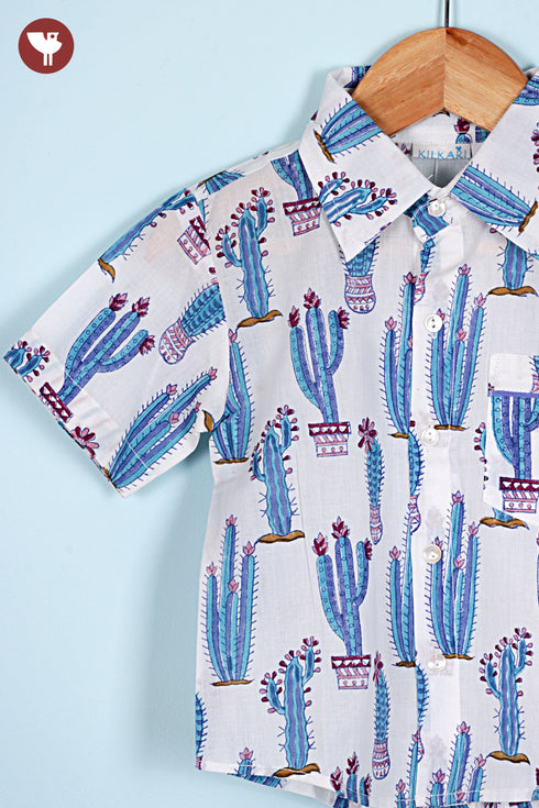Cambric Cotton Boys Short Sleeve Shirt in Floral Block Print