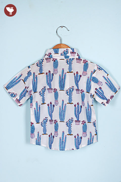 Cambric Cotton Boys Short Sleeve Shirt in Floral Block Print