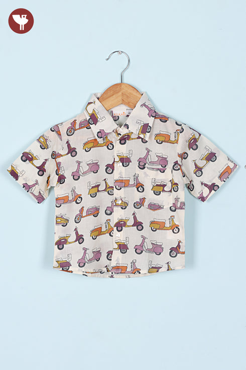 Cambric Cotton Boys Short Sleeve Shirt in Scooter Print