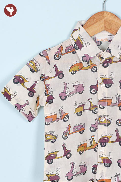 Cambric Cotton Boys Short Sleeve Shirt in Scooter Print