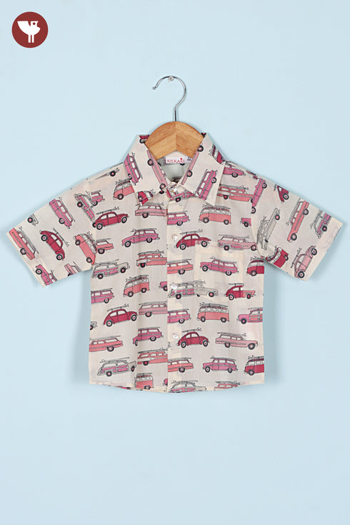 Cambric Cotton Boys Short Sleeve Shirt in Car Print